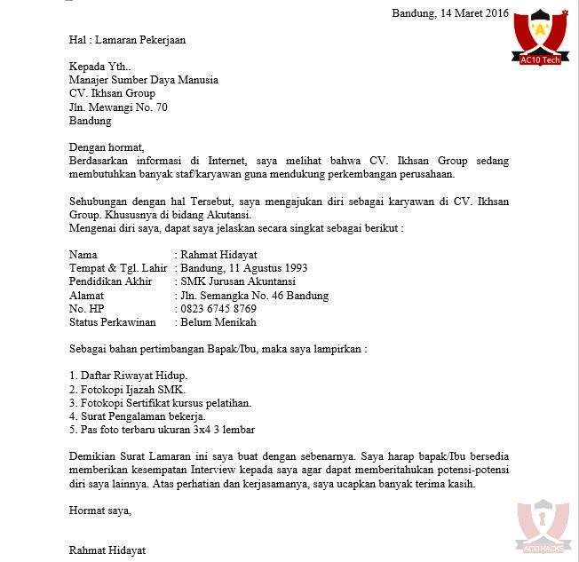 Contoh Surat Lamaran Kerja Berpengalaman