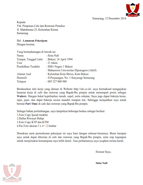 Contoh Surat Lamaran Kerja Hotel