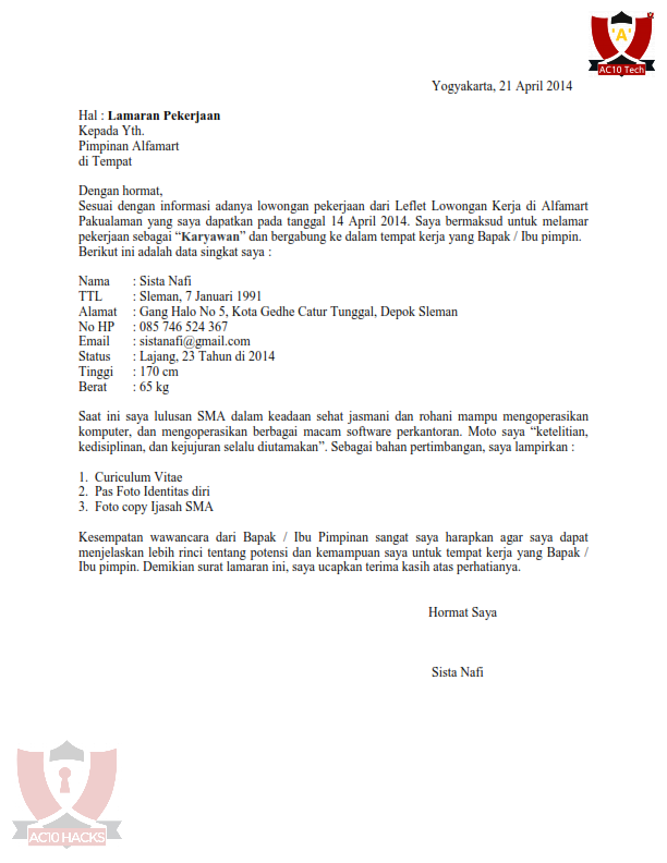 Contoh Surat Lamaran Kerja Indomaret