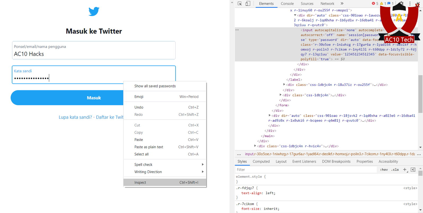 hack password twitter inspect element