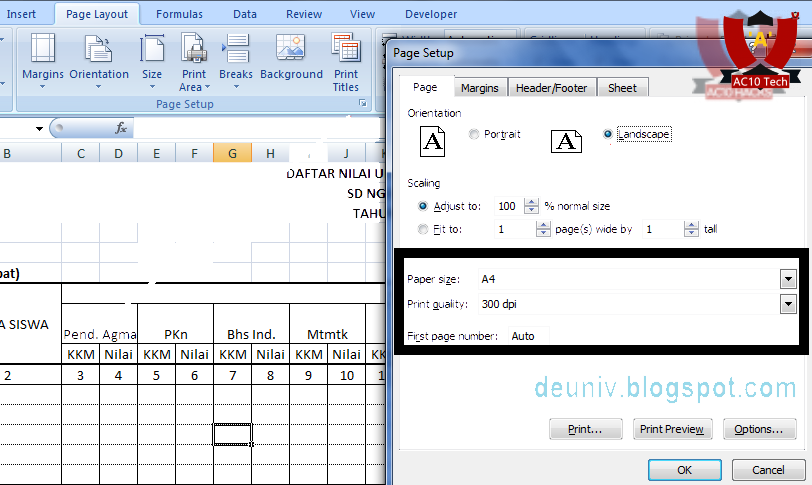 ukuran kertas f4 di excel ms excel